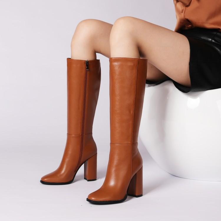 Women's Zipper Block Heel Knee-High Boots