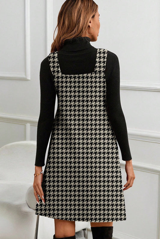 Minivestido sin mangas con cuello de pico y estampado de pata de gallo caqui