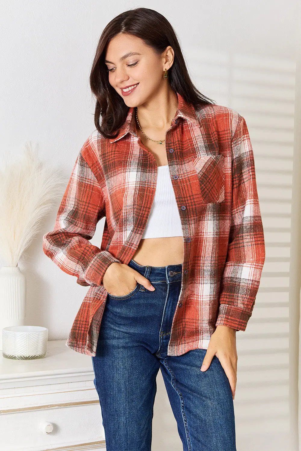 Trendsi Plaid Button-Up Shirt Long Sleeve Women's Casual Top