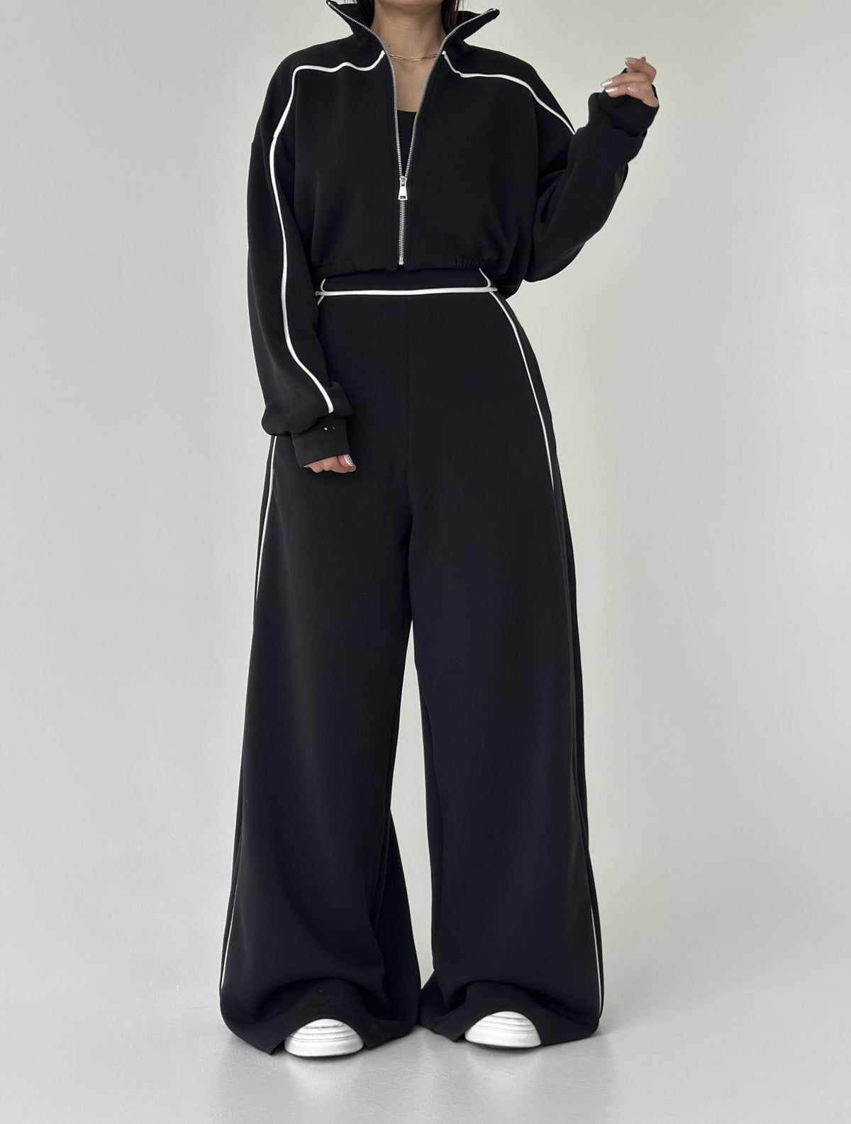 Women's Contrast-Piped Wide-Leg Jumpsuit & Cropped Zip Jacket Set