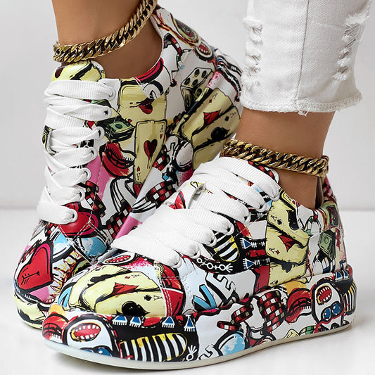 Women's Casual Round Toe Thick Sole Lace-Up Sneakers, Random Print Design, Comfortable Sporty Shoes For Daily Wear See size chart under “more details”