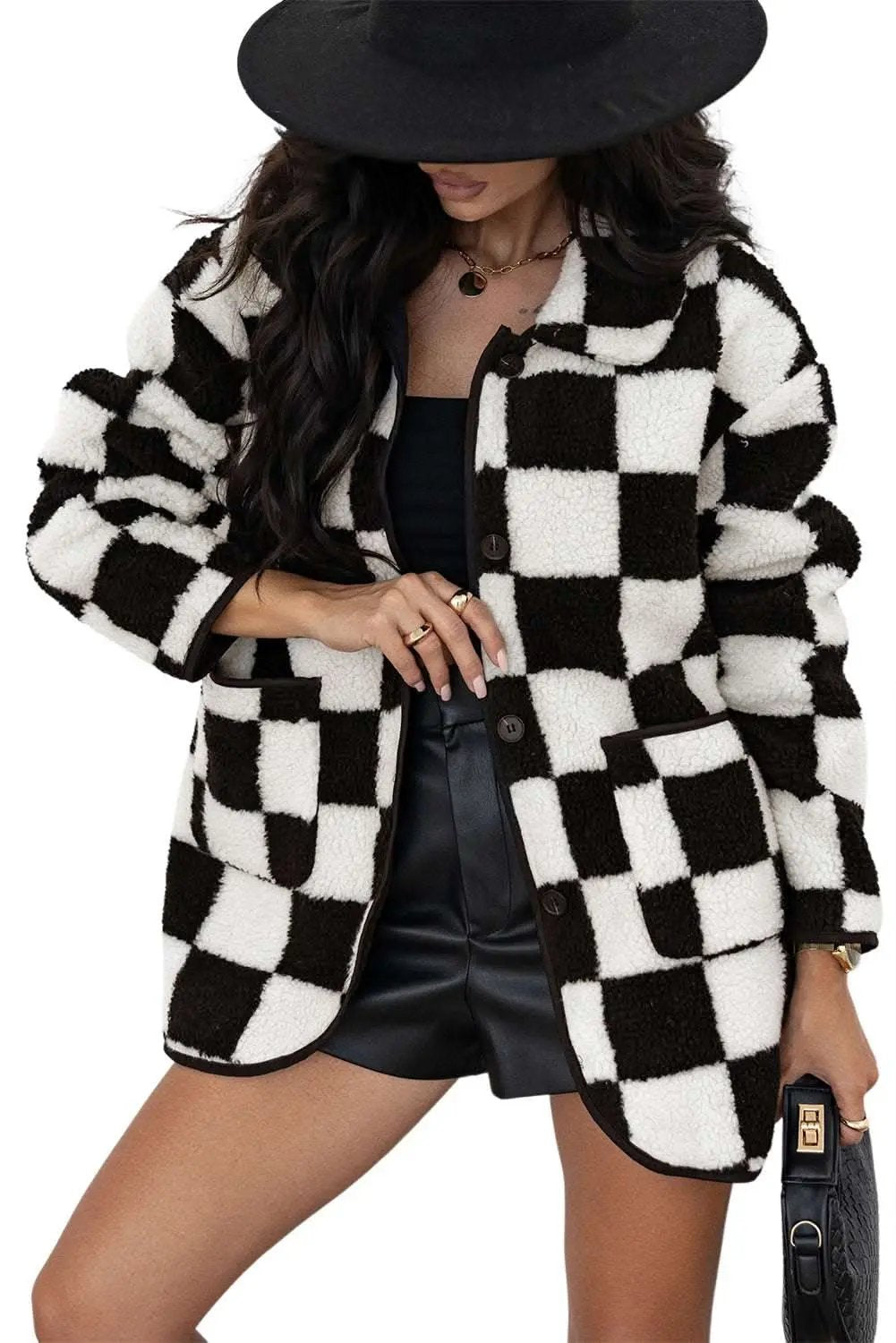 Love Salve Women's Fleece Jacket Black Checkered — Warm Casual Outerwear