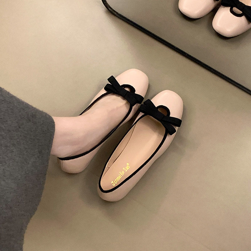 Women Elegant Round Square Toe Hidden Height Flats, Bow Decor Mary Jane Slip On Ballet Shoes, Matching Dress Casual Footwear 2026