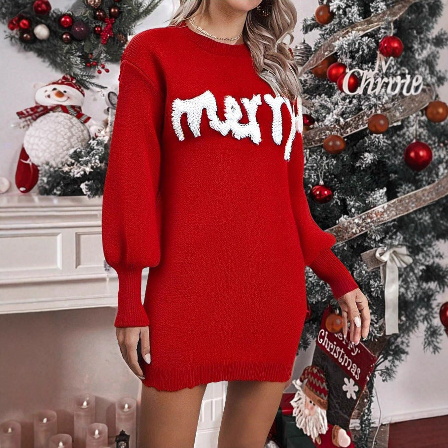 Vestido ajustado de punto de cuello redondo y manga farol para mujer