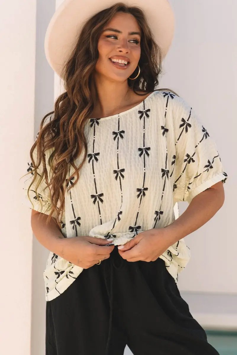 Accessories Love Salve Beige Bow Print Puff Short Sleeve Top for Women