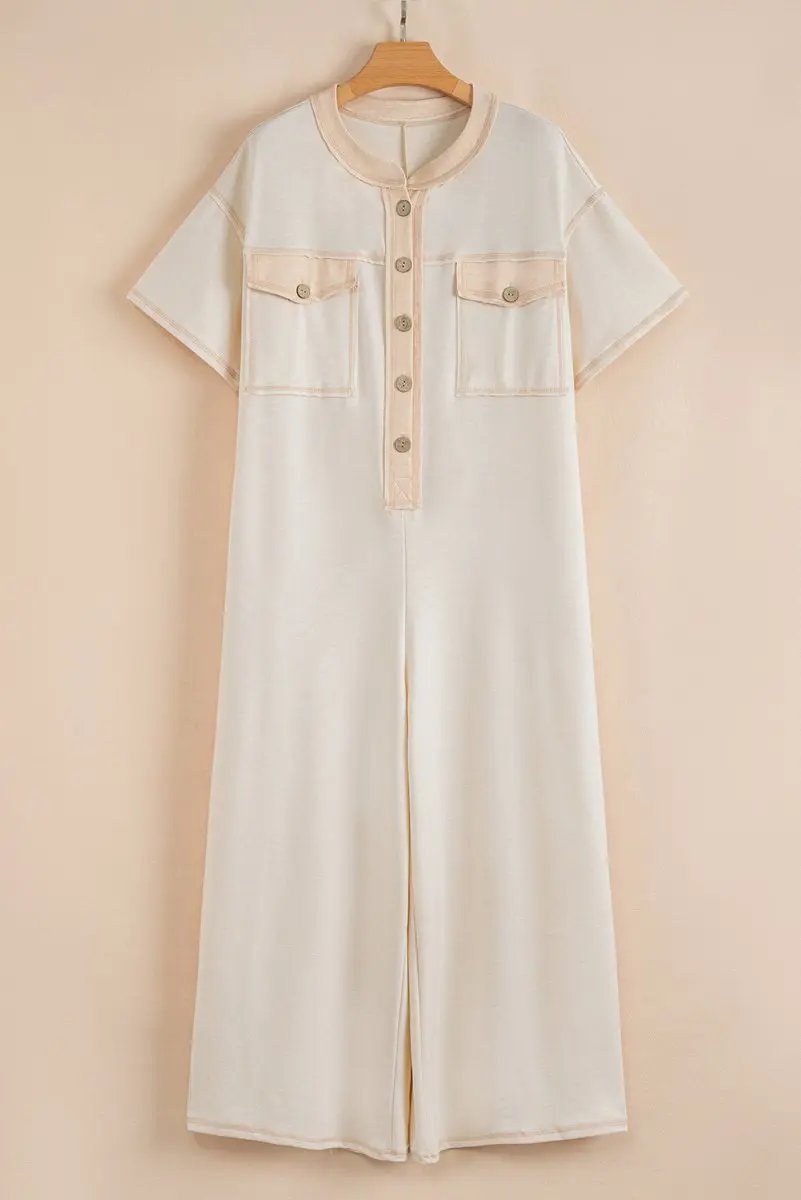 Bottoms/Jumpsuits & Rompers Love Salve Beige Half Placket Chest Pockets Short Sleeve