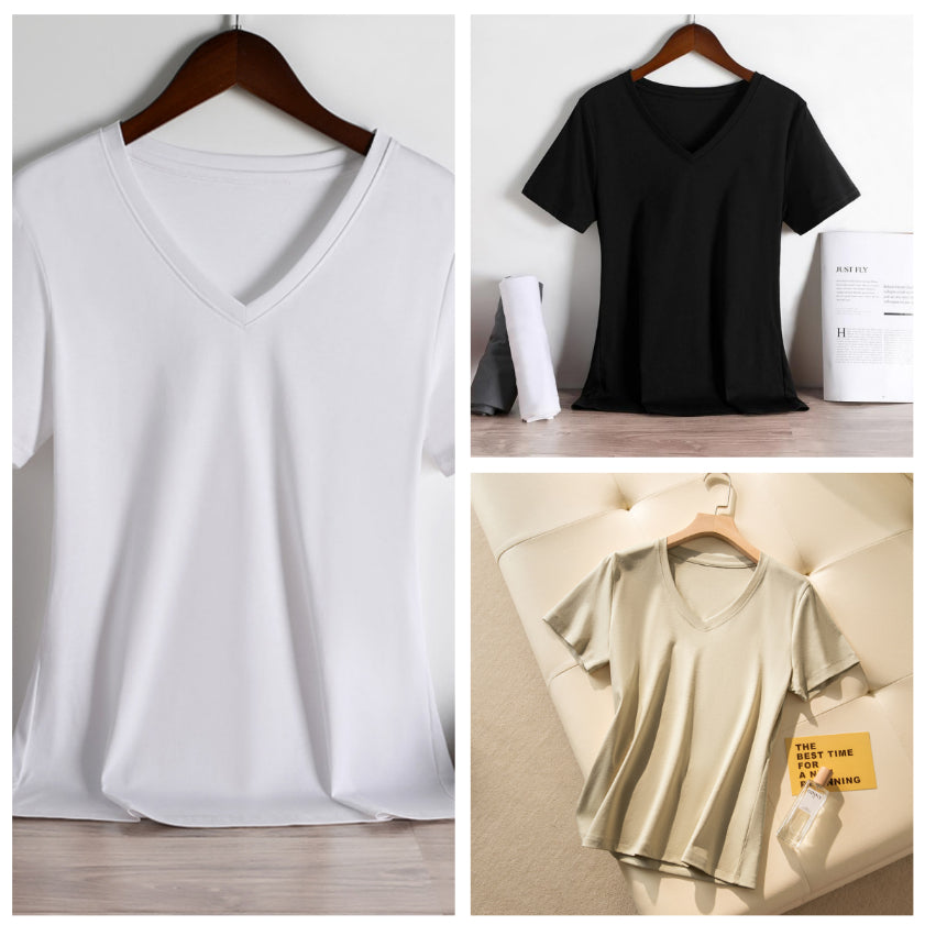 Womens Loose-Fit Round-Neck V-Neck Pure Cotton T-Shirt