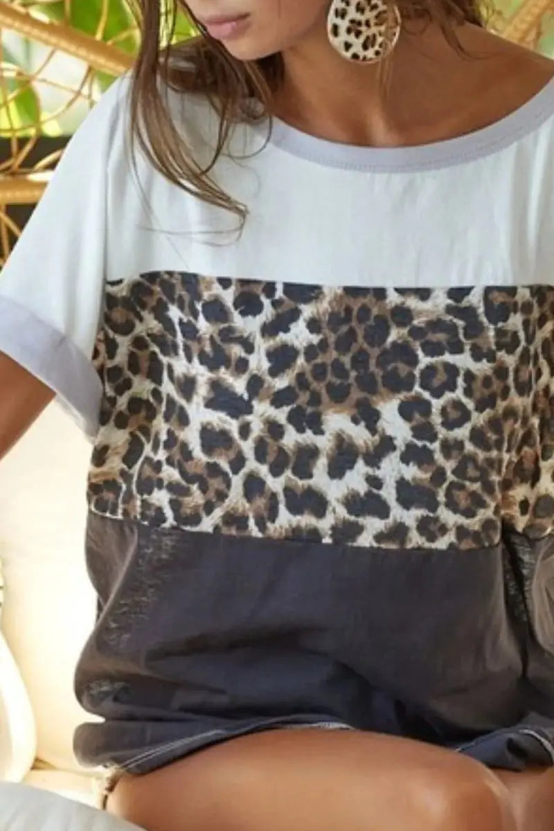 Women's T-Shirts & Tops Women's Tee - Leopard Colorblock Roll-Up Sleeve - Casual Jersey