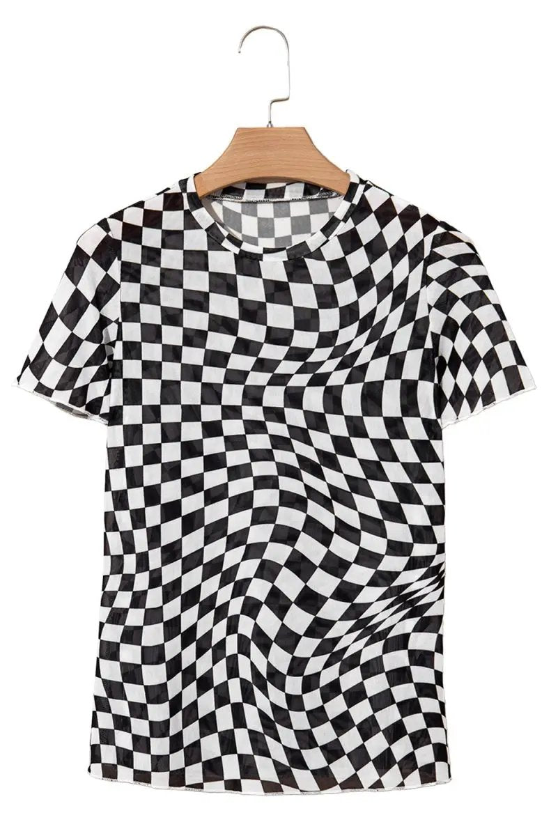 T-Shirts Love Salve Black Checker Mesh Women's Fashion Daily Top: Sheer, Casual T-Shirt