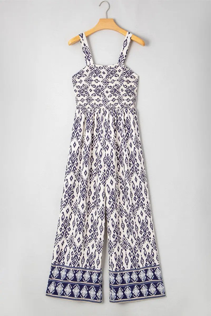 Accessories Love Salve Blue Boho Jumpsuit Women's Vacation Summer Wide Leg - Shirred, High Waist