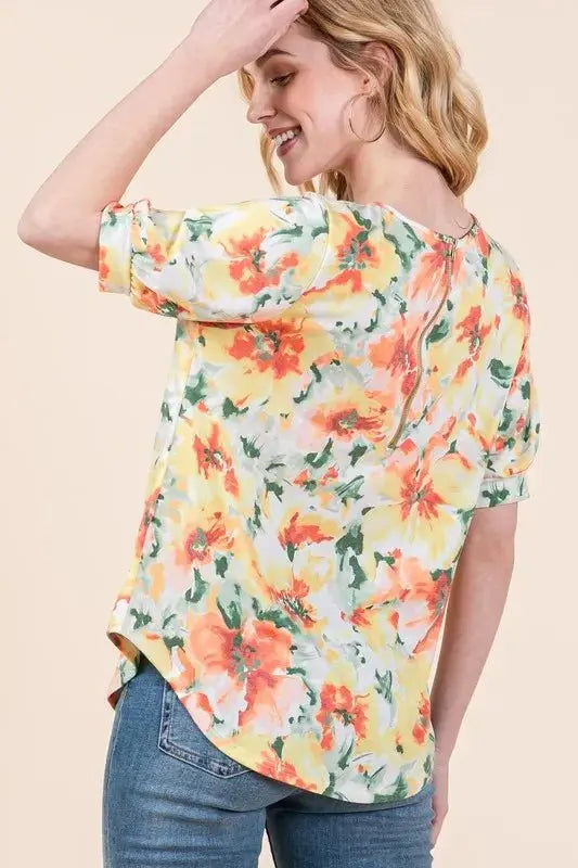 Accessories Trendsi Floral Puff Sleeve Top Women's Casual Cute Shirt Chic Blouse