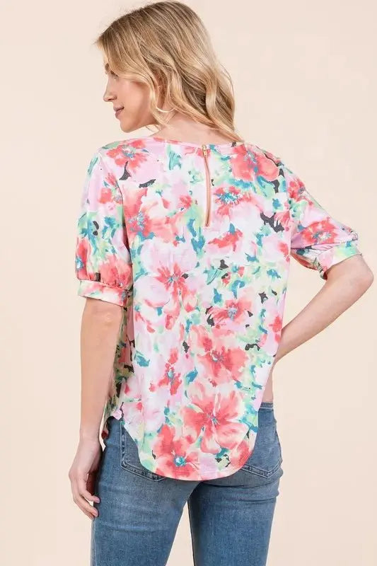 Accessories Trendsi Floral Puff Sleeve Top Women's Casual Cute Shirt Soft Fabric