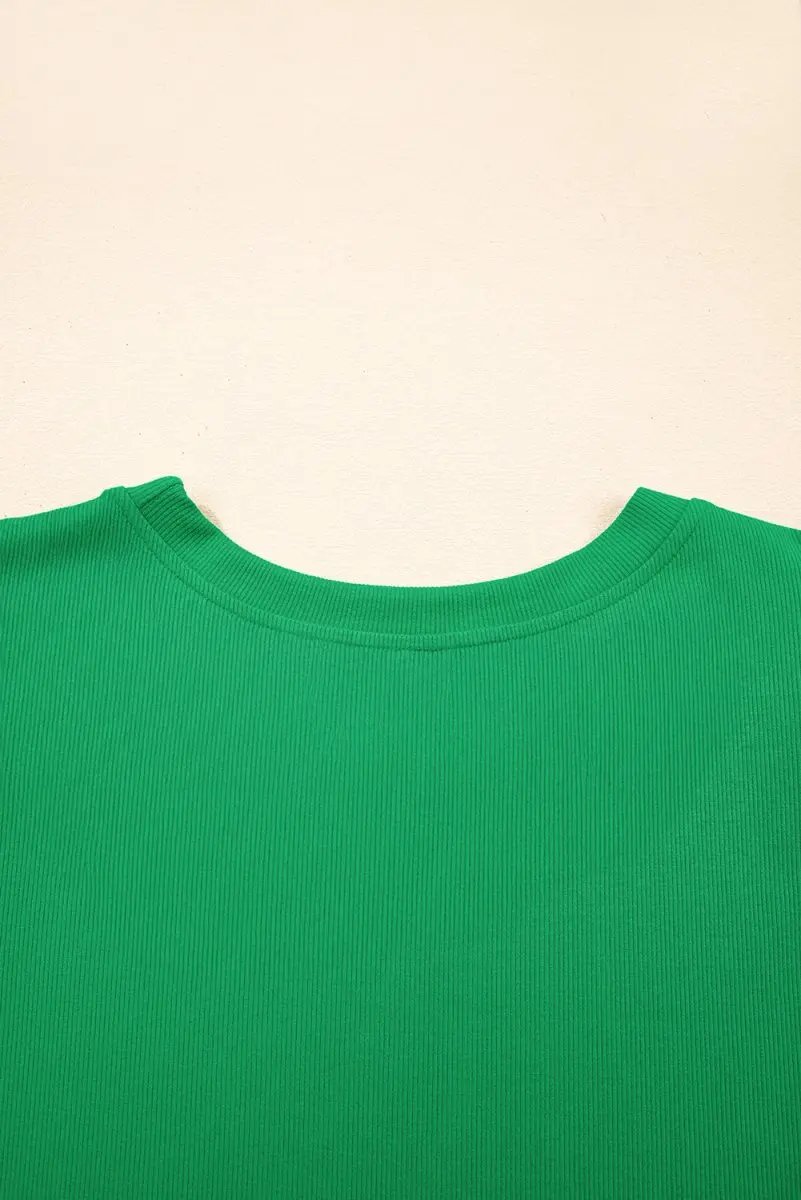 Love Salve Green Ribbed Puff Sleeve Top — Pearl Beaded Daily Wear