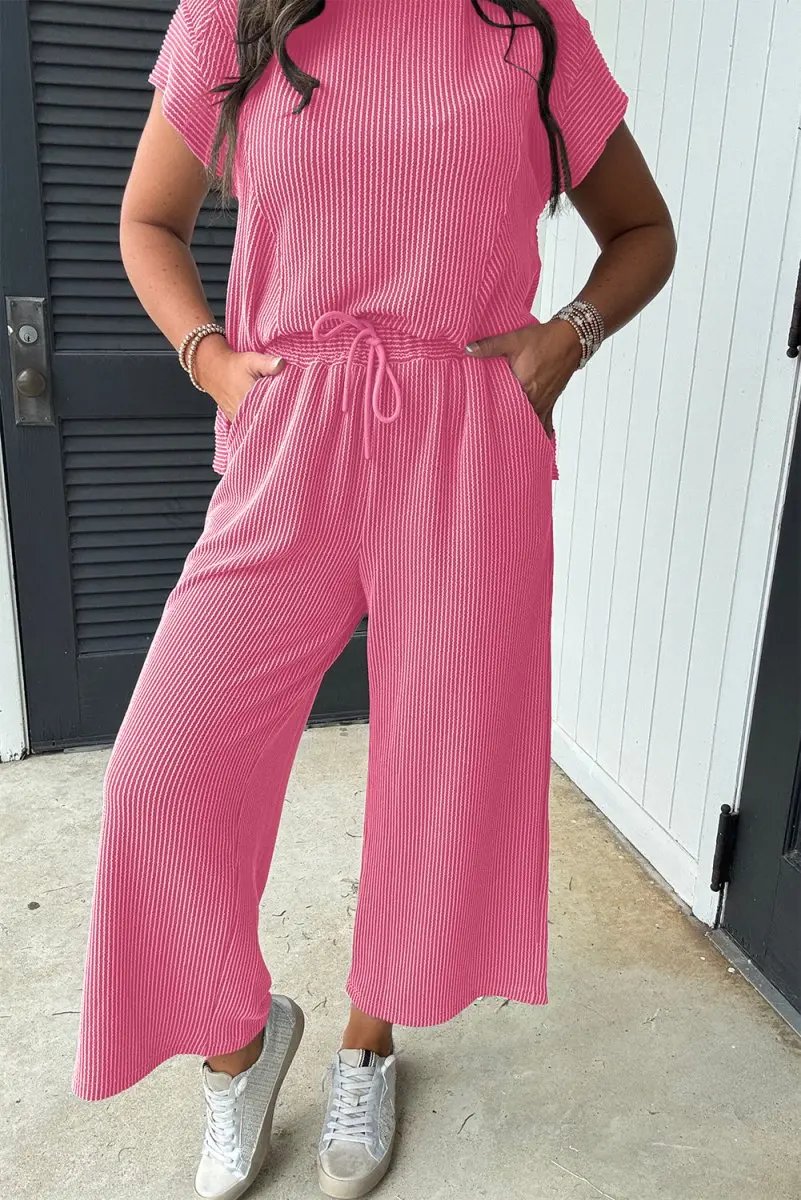 Women's Loungewear Set - Corded Knit - Comfy T-Shirt & Shorts