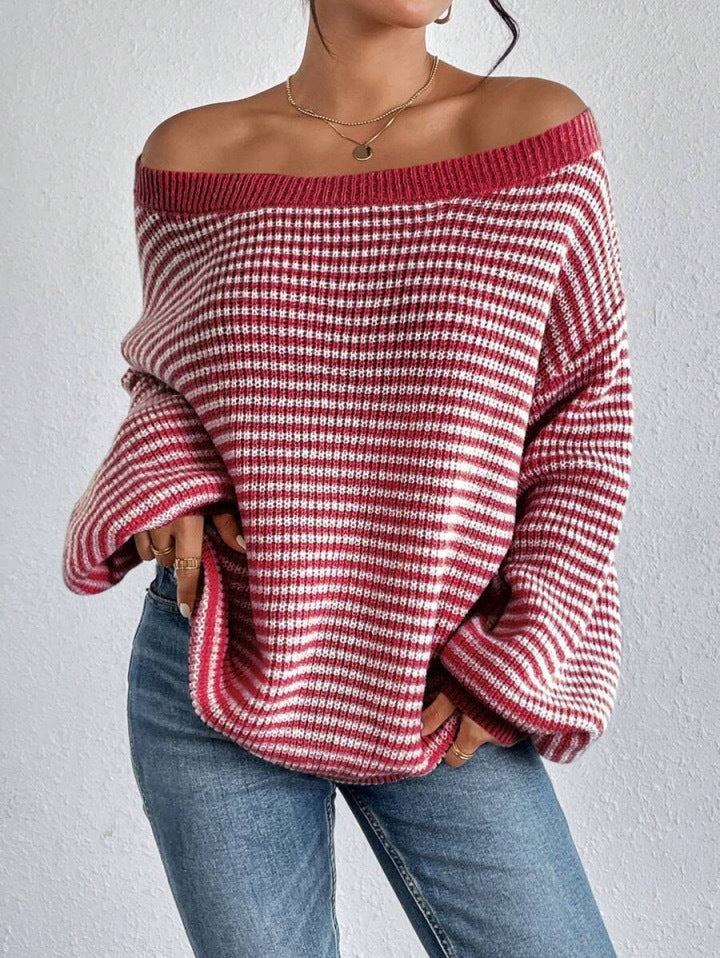 Off-The-Shoulder Knit Sweater With Loose Fit, Color-Blocked Stripes, Lantern Sleeves, Women's European And American Style Red Sweater, Autumn And Winter, High-End Feel