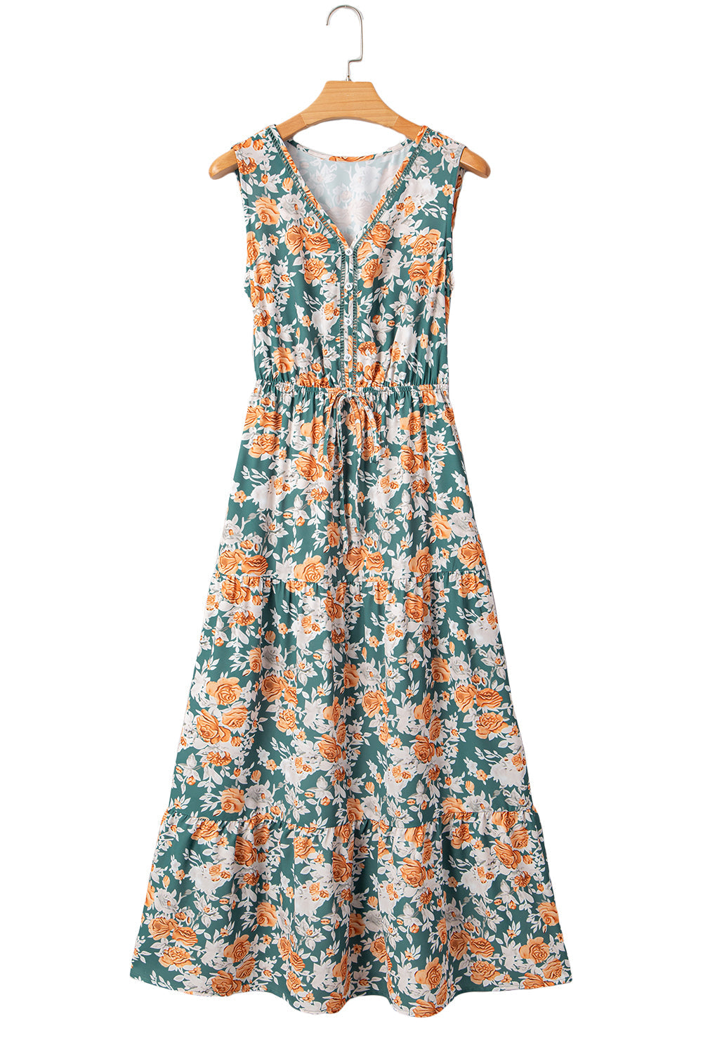 Vestido largo de fiesta sin mangas con cuello de pico, ajuste en la cintura con lazo y estampado floral verde