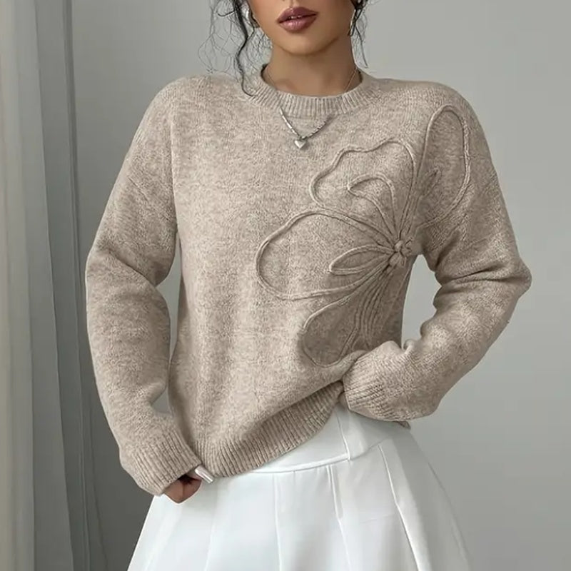 Suéter elegante floral para mujer - Jersey informal de manga larga con cuello redondo