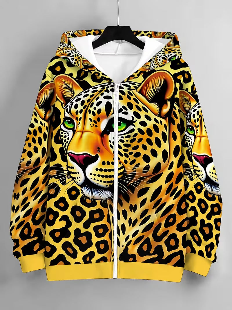 Women's European American Style Zip Up Hooded Cardigan Sweatshirt, Big Face Animal Print, All Over Leopard Print, Loose Casual Trendy Jacket