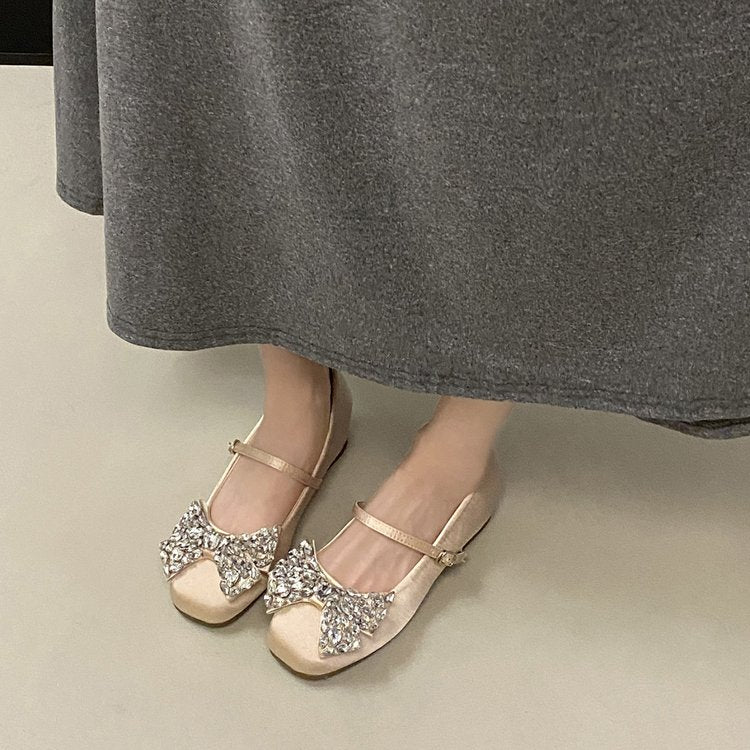 French Style Mary Jane Shoes For Women, New Rhinestone Bow Elegant Fashion Flats