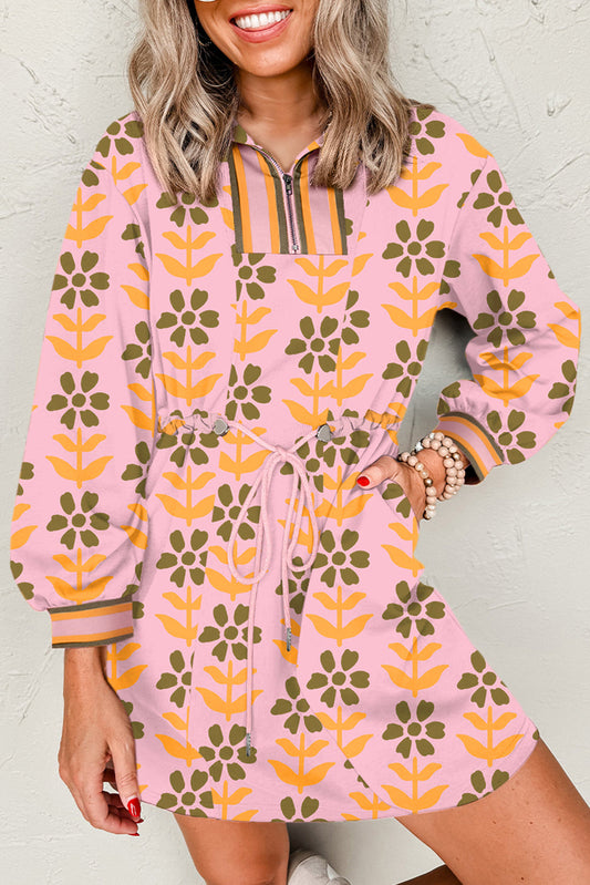 Vestido con cordón en la cintura, de manga larga, patchwork de rayas, con cuello de cremallera y estampado floral rosa