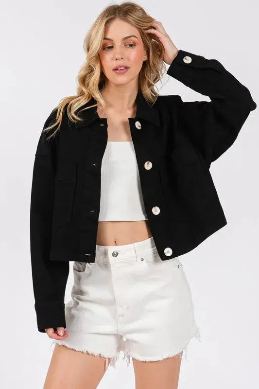 Denim Jacket - Cropped Black Wash Button Down - Women's