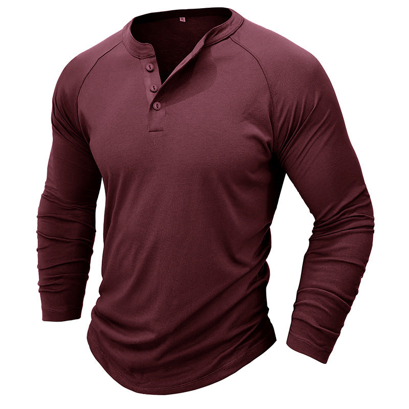 Camiseta de manga larga con cuello redondo Henley de color liso para hombre