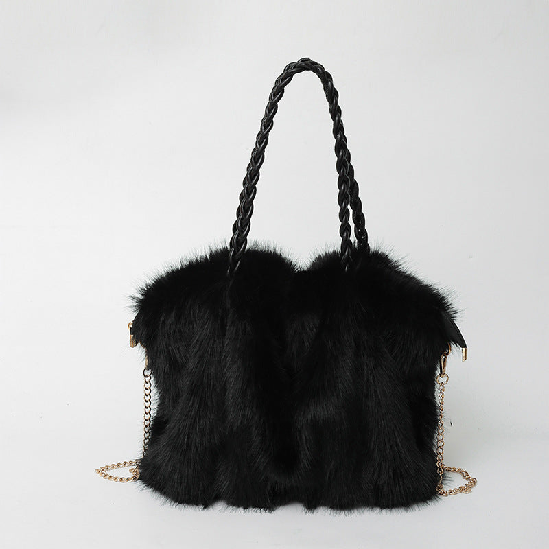 Pleated Faux Fox Fur Shoulder Bag