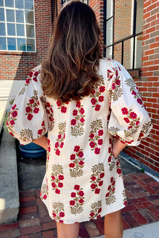 White Floral Print V Neck 3/4 Sleeve Loose Mini Dress