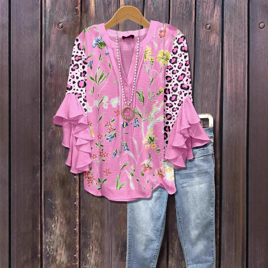 V-neck Fashion Lotus Edge T-shirt Women's Top