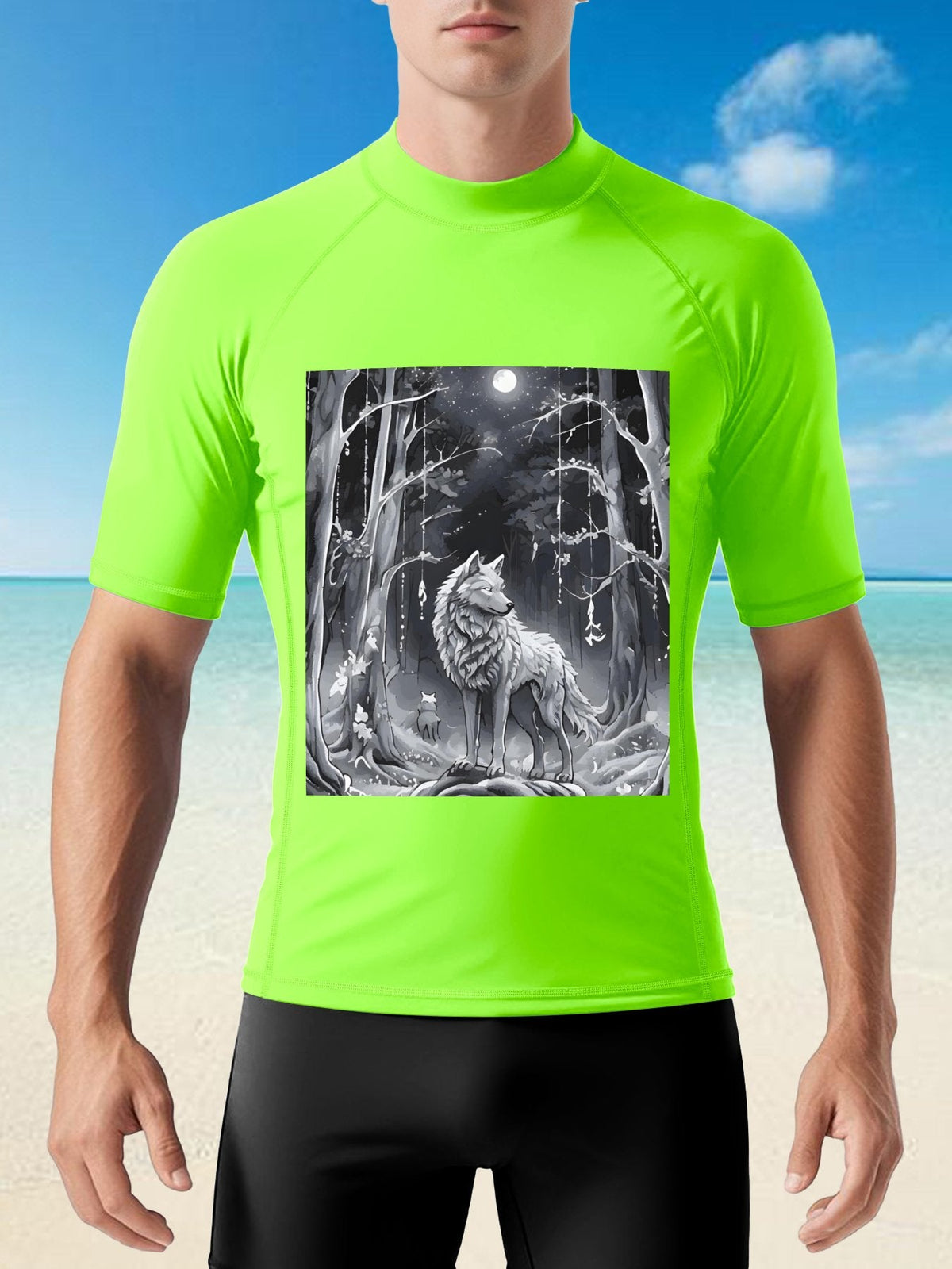 Ethereal Wolf in the Moonlight Men's Short-Sleeve Surfing Top (Front Printing)