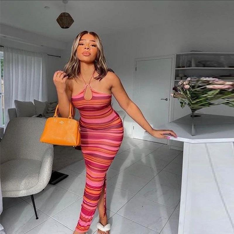 Striped Contrast Long Dress Sexy Halter Strap Backless Wrap Chest Slit Dress