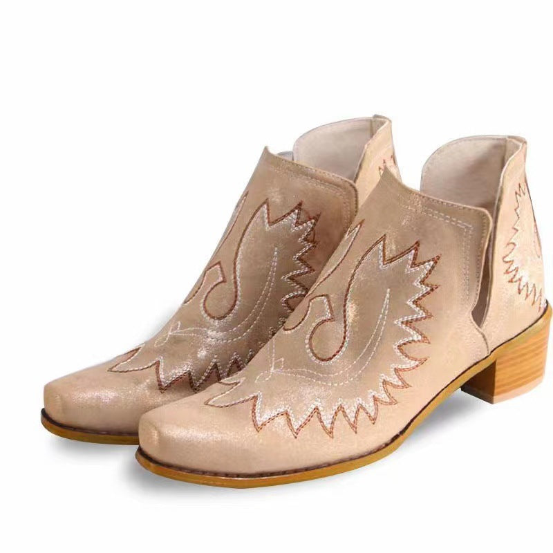 Pointed Embroidered Chunky Heel Ankle Boots