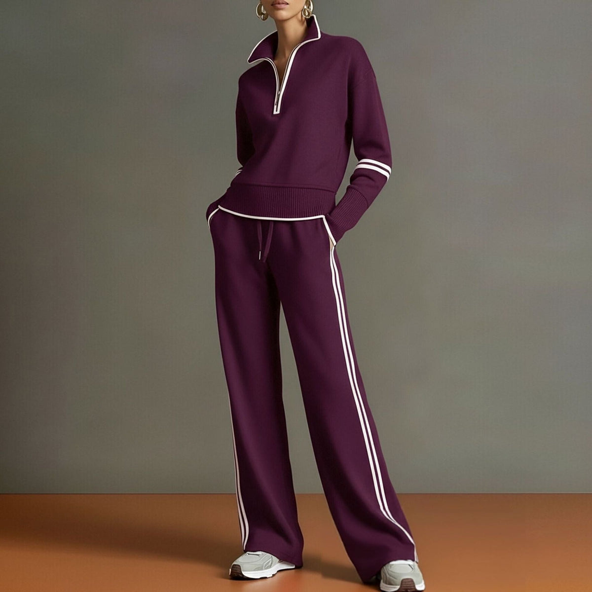 Women's Half-Zip Striped Sweatshirt & Wide-Leg Pants Set