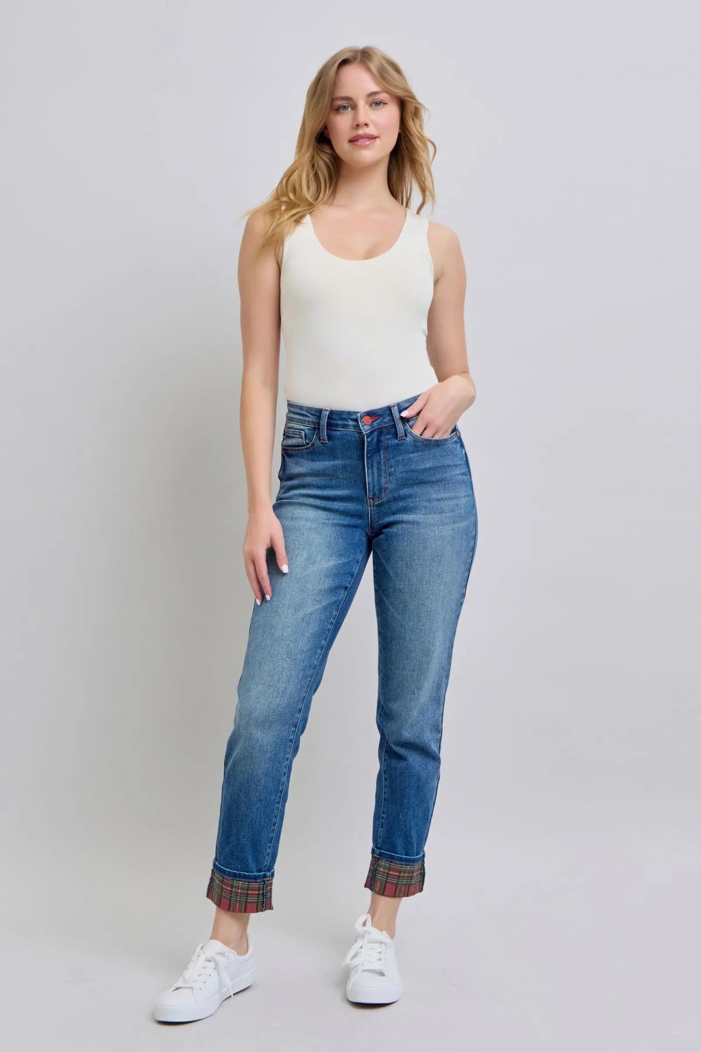 Trendsi Judy Blue Plaid Jeans Women's Everyday Straight Leg Denim w/ Pockets