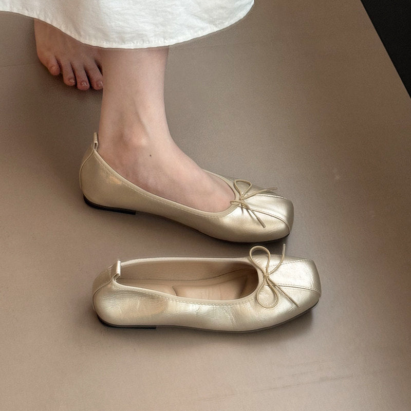Women Square Toe Soft Leather Bow Decor Ballet Flats, Elegant Shallow Cut Slip-on Casual Shoes