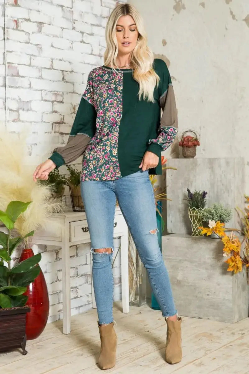 T-Shirts Trendsi Floral Color Block Women's Casual T-Shirt + Exposed Seam + Soft Fabric