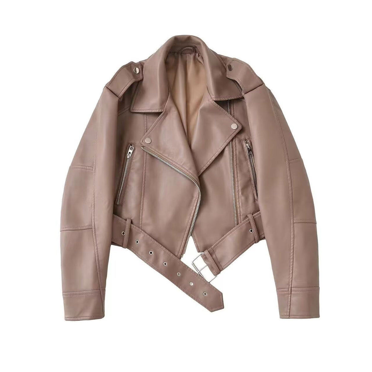 Womens Retro Short-belted Biker Jacket