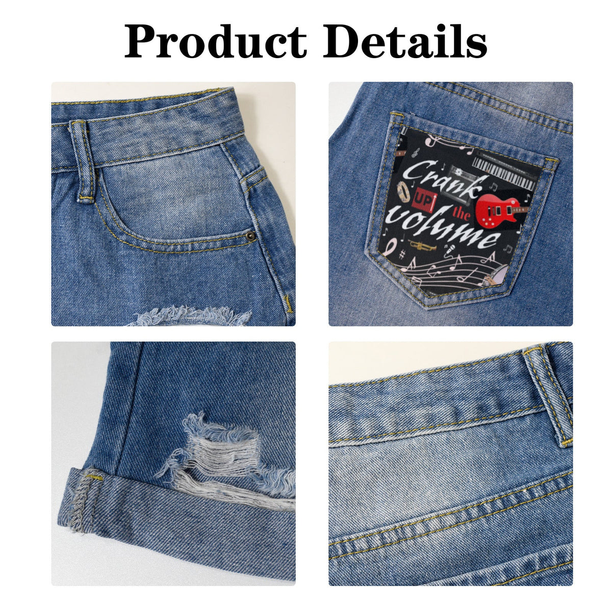 Crank Up the Volume Light-Wash Blue Denim Shorts (Dual Pockets Print)