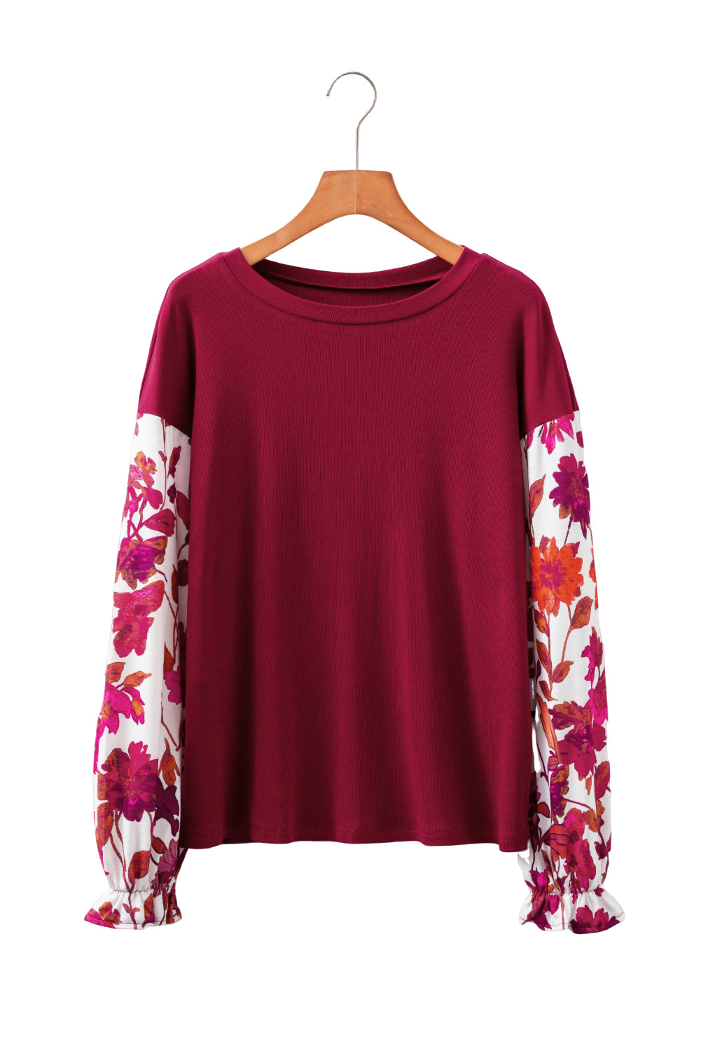 Top de manga larga Wild Ginger con contraste floral en las mangas, cuerpo acanalado liso y retales