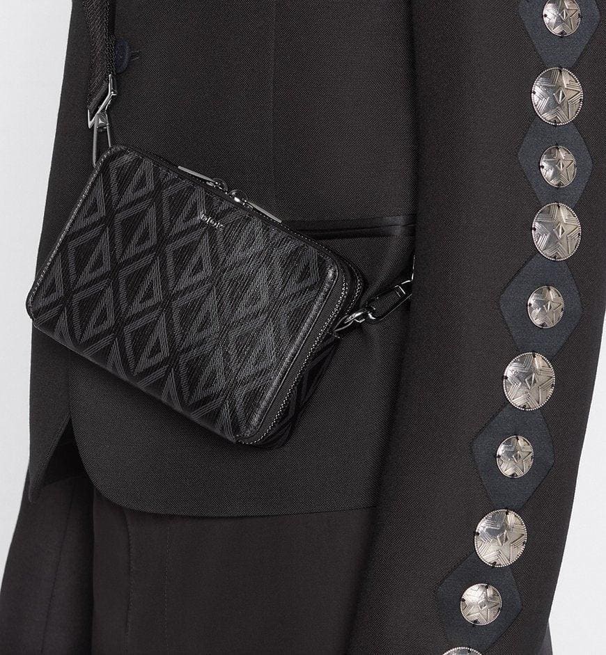Christian Dior Zipped Pouch with Strap Black Coated Cotton Canvas with CD Diamond Print