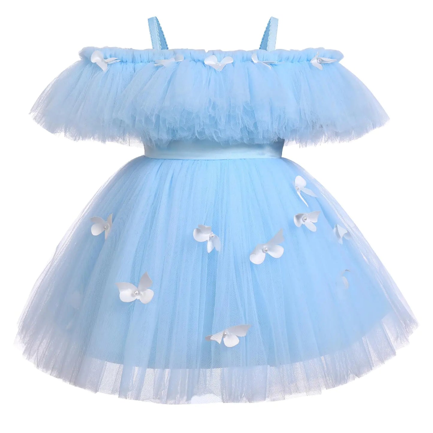 IDOPIP Flower Girl Butterfly Tutu Dress for Kids-Baby First Communion Wedding Party Dresses-Toddler Little Princess Pageant Birthday Ruffle Off Shoulder Tulle Gown-Blue Butterfly - Ruffle - 2-3 Years - # GIAA211710028