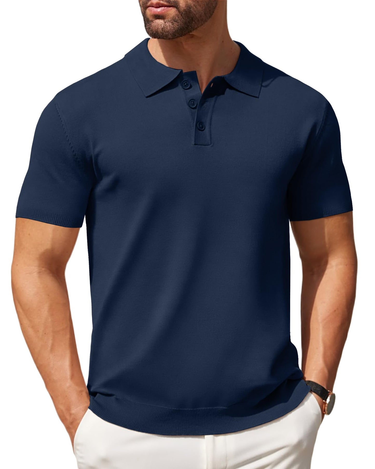 COOFANDY Men's Short Sleeve Polo Shirt | Casual Knit Button Down Golf Shirt | Navy Blue - # BOAA13510049