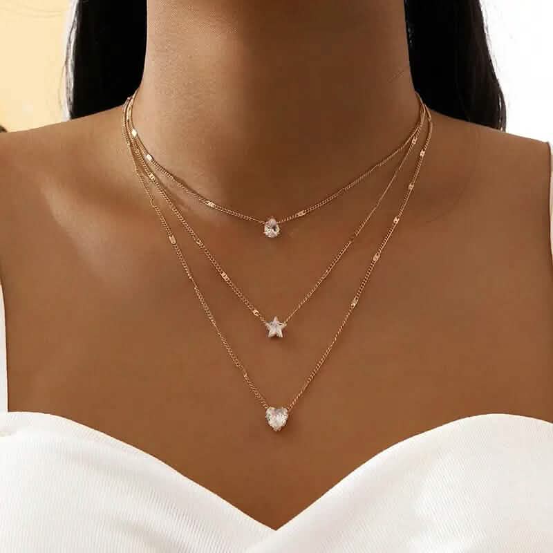 Crystal Zirconia Heart Star Charm Layered Pendant Necklace