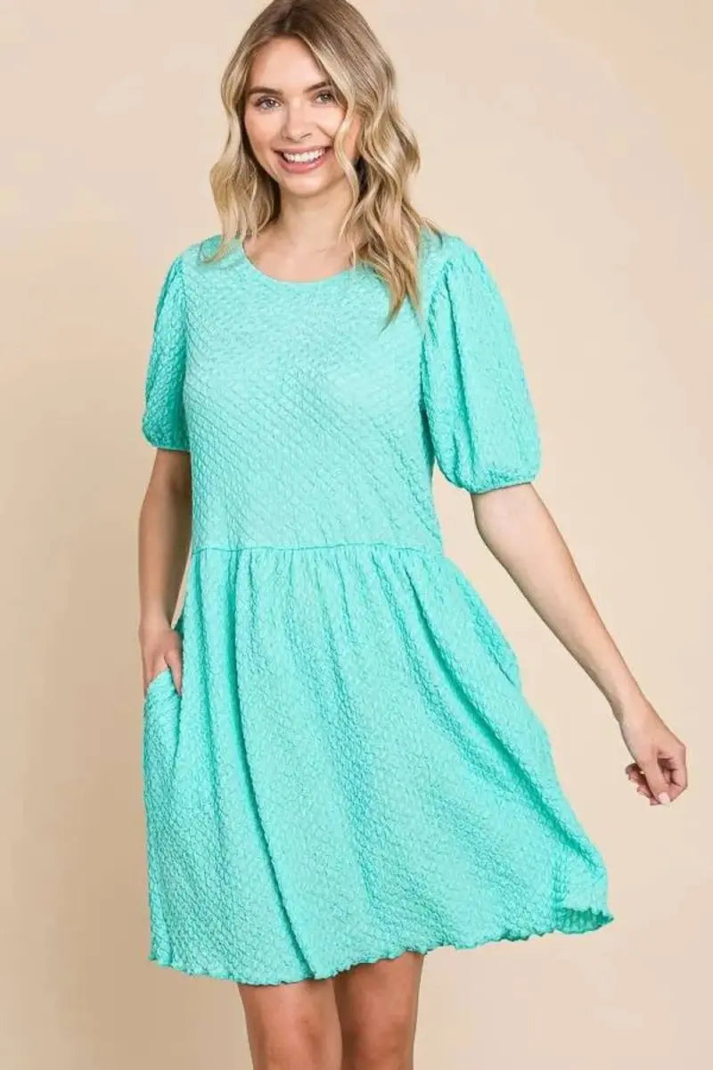 Textured Mini Dress - Round Neck Puff Sleeve - Everyday Comfy Style