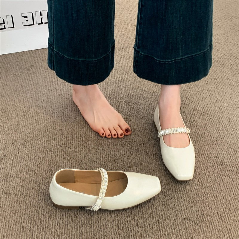 Women Minimalist Elegant Metallic Leather Flats, Square Toe Single Crystal Rhinestone Strap Slip On Lightweight Flat Casual Office Commuting Dress Shoes