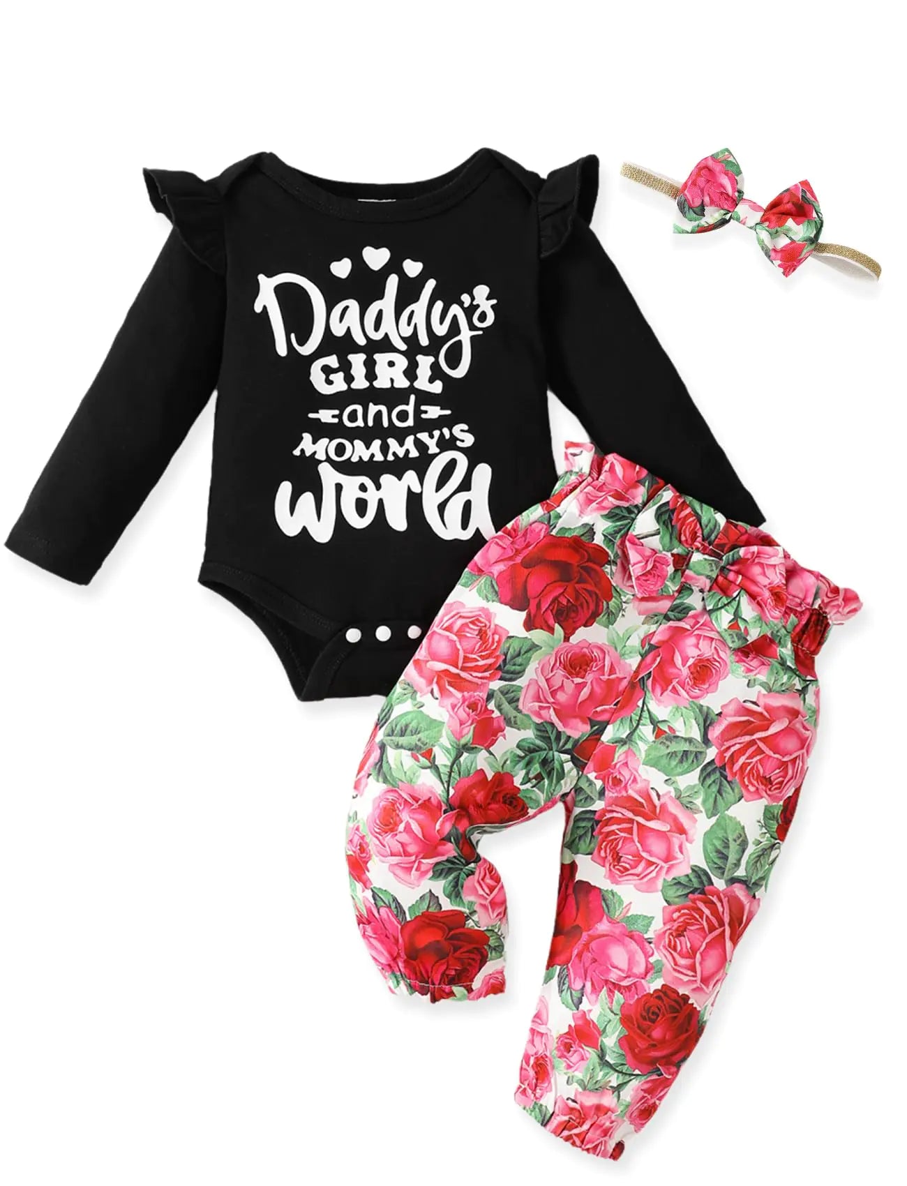Newborn Baby Girl Clothes 12-18 Months Outfits Infant Romper Ruffle Floral Pants Cute Toddler Baby Girl Clothes Set Black Floral - # BAAA51210004
