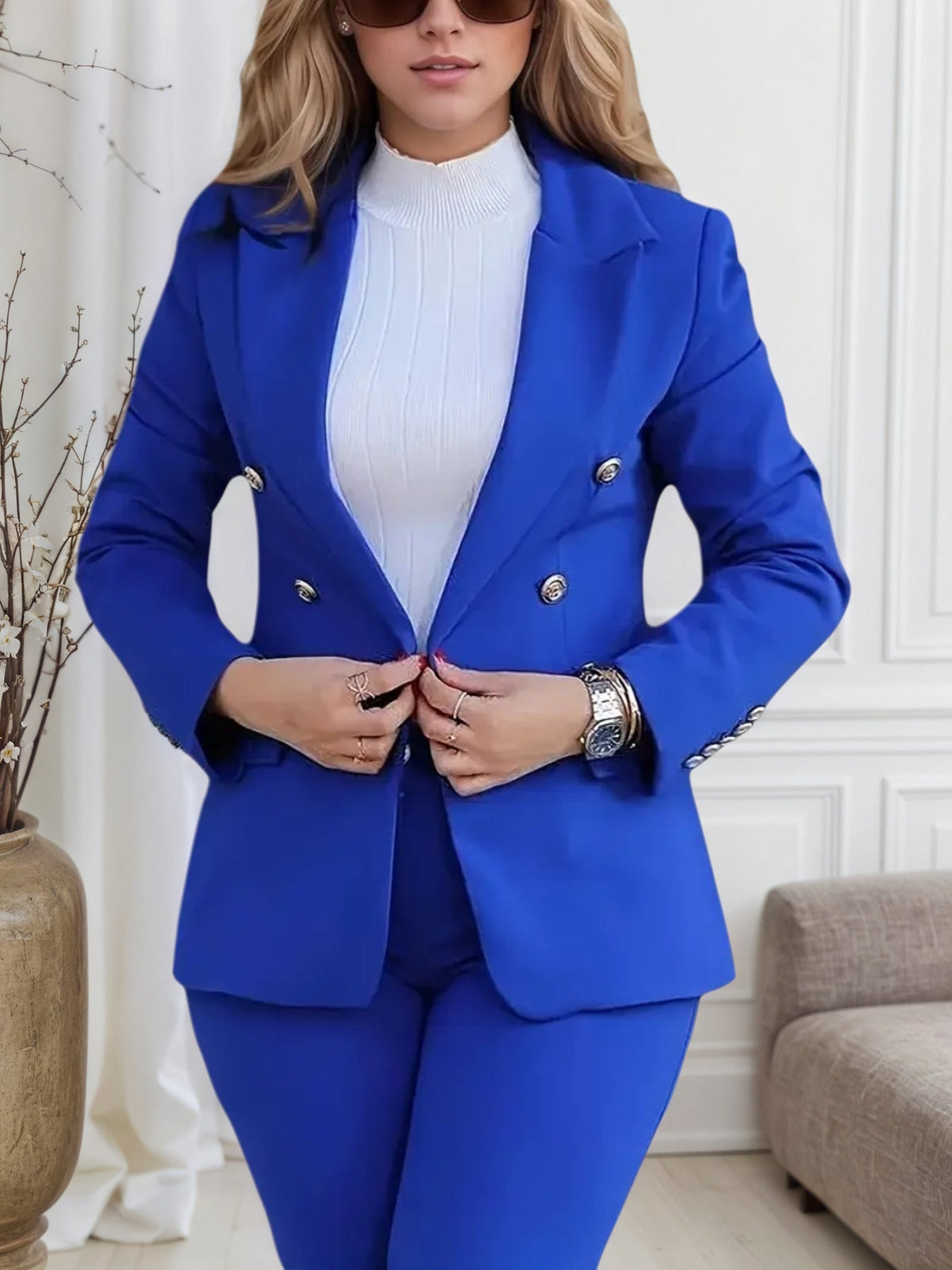 Women’s Quality Blue Slim Fit Double Breasted Jacket and Pants 2-piece Set