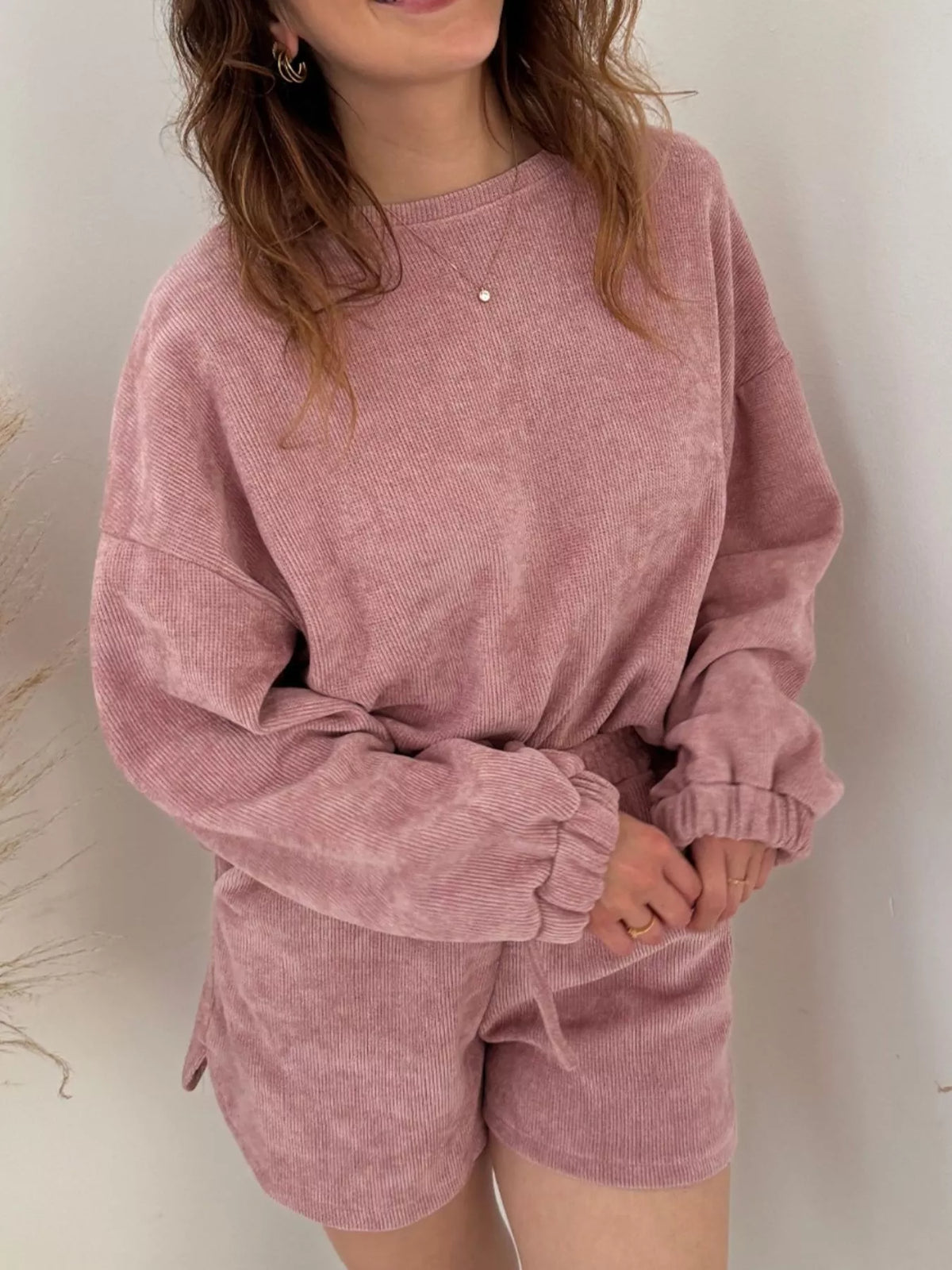 Round Neck Dropped Shoulder Top and Drawstring Shorts Set