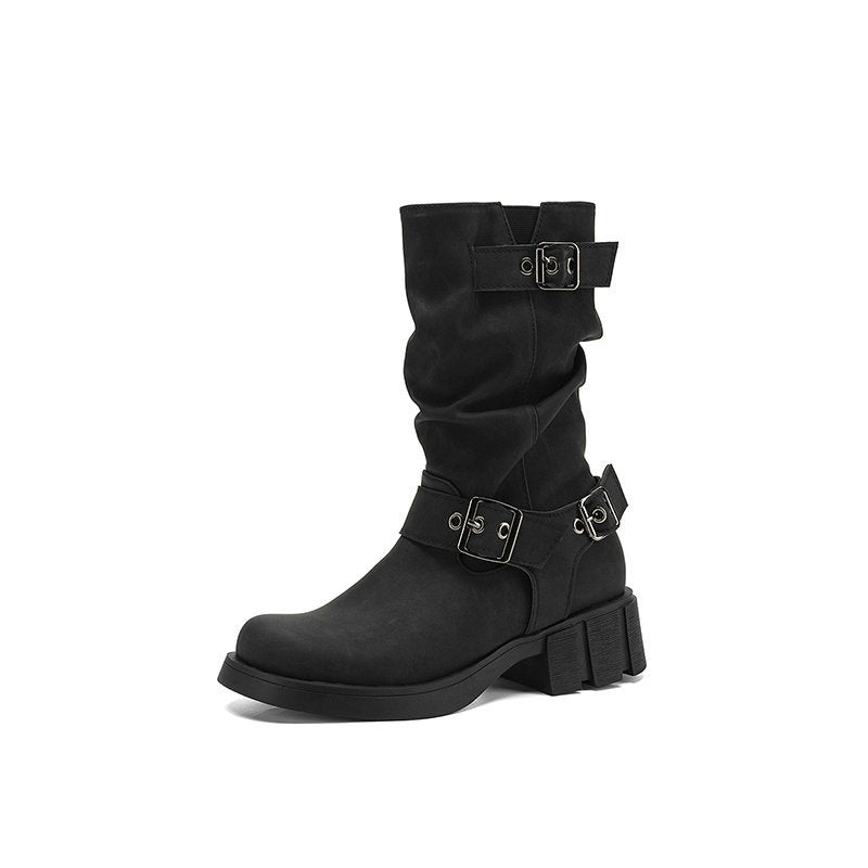 Retro Western Style Cowboy Millennial Inspired Mid Calf Platform Boots