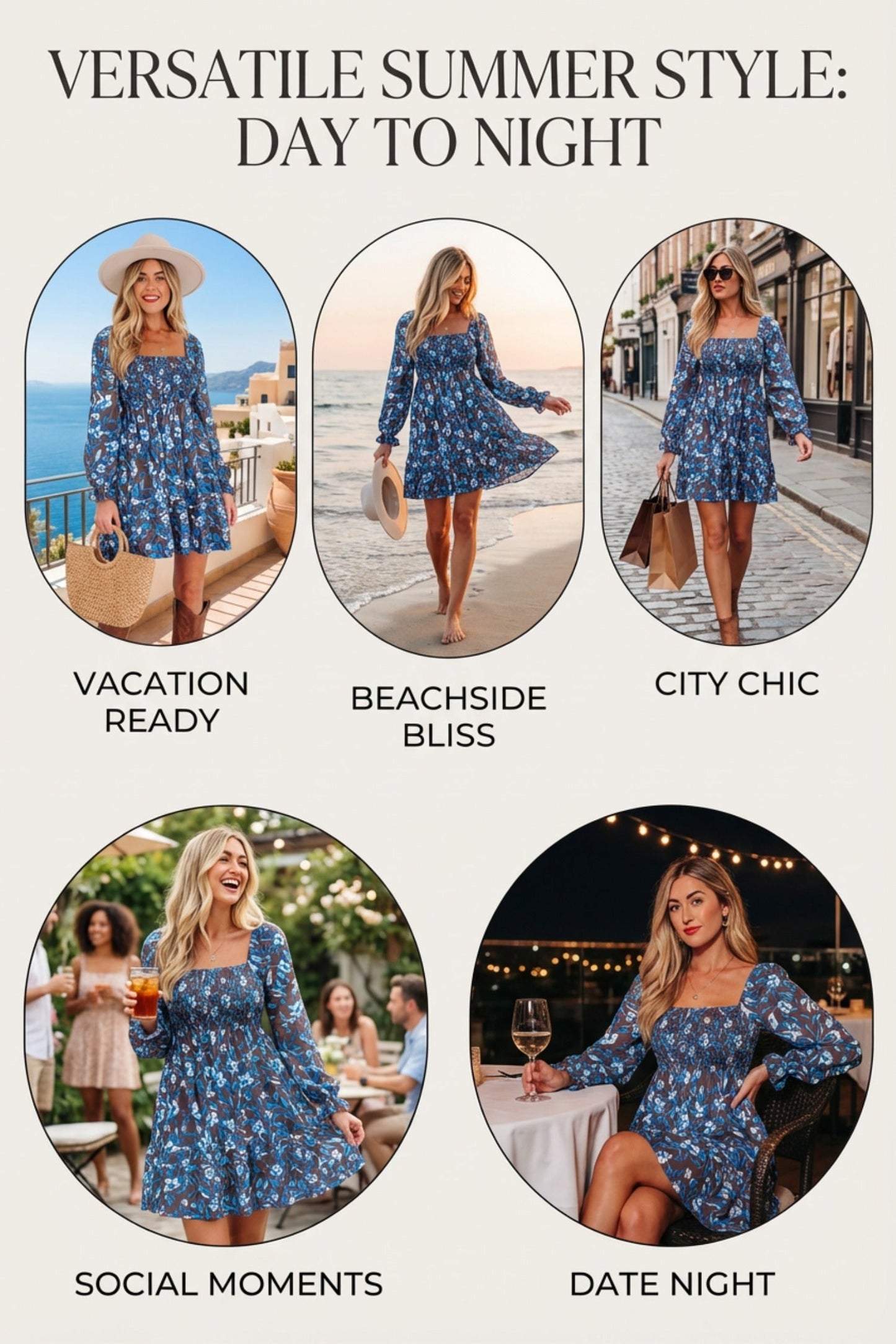 Vestido floral azul con cuerpo fruncido, cintura alta y mangas con volantes
